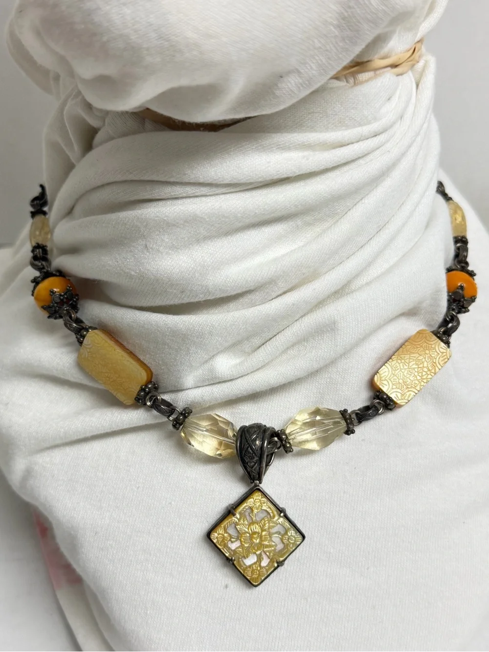 Vintage 90’s Stephen Dweck .925 Silver Pearl Amber, Citrine & Quartz Necklace